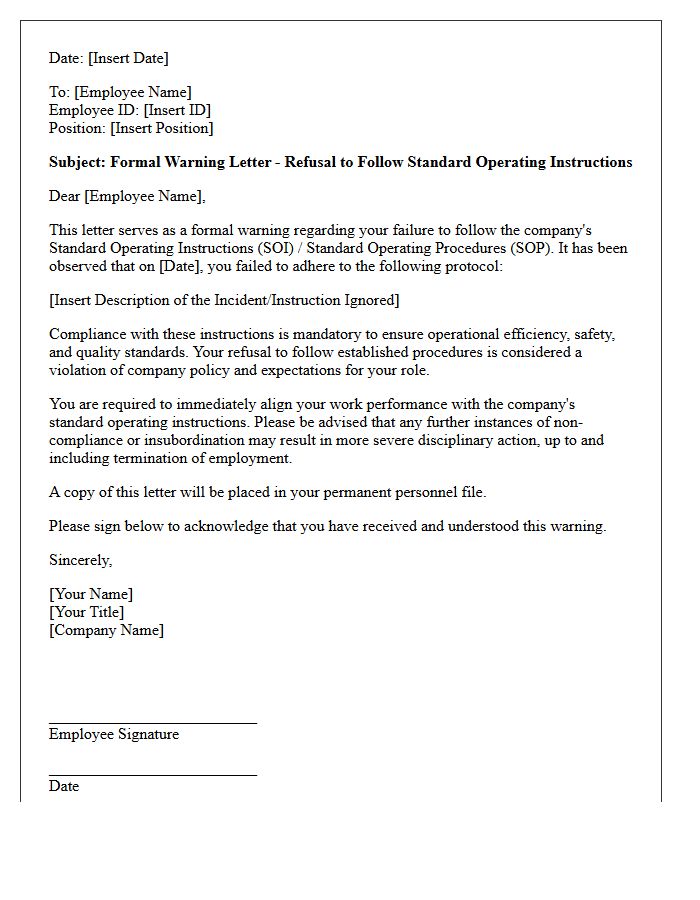 Warning Letter for Refusal to Follow Standard Operating Instructions