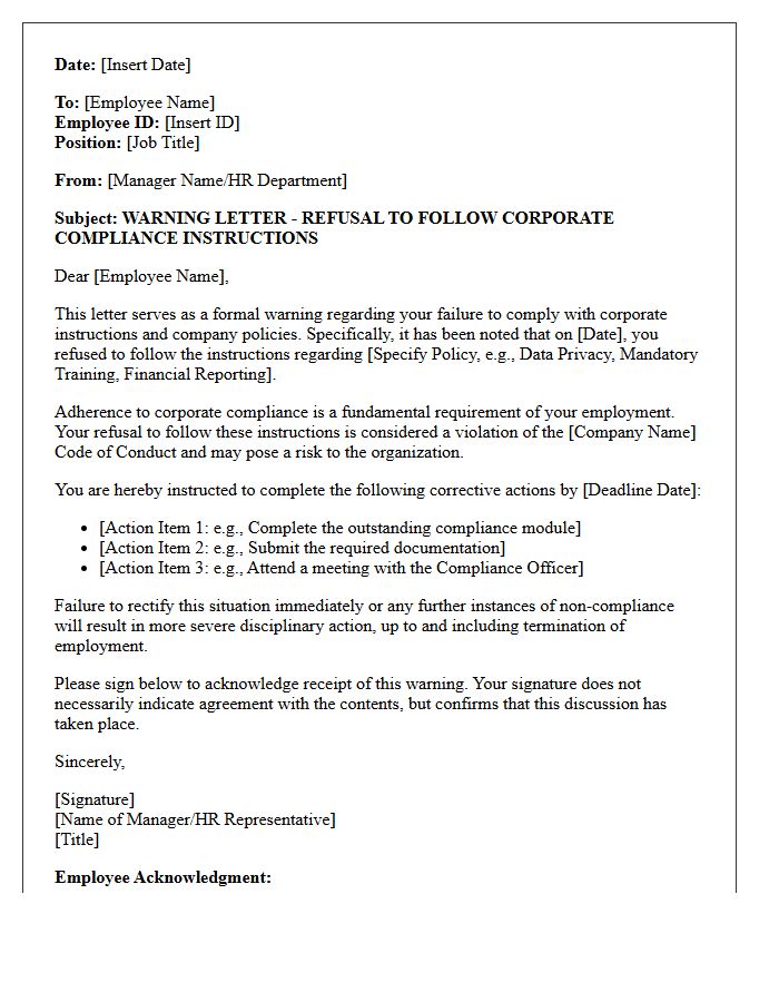 Warning Letter for Refusal to Follow Corporate Compliance Instructions