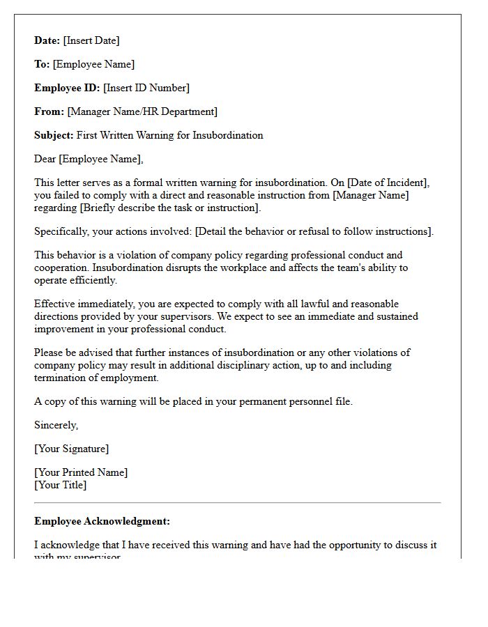 First Warning Letter for Insubordination