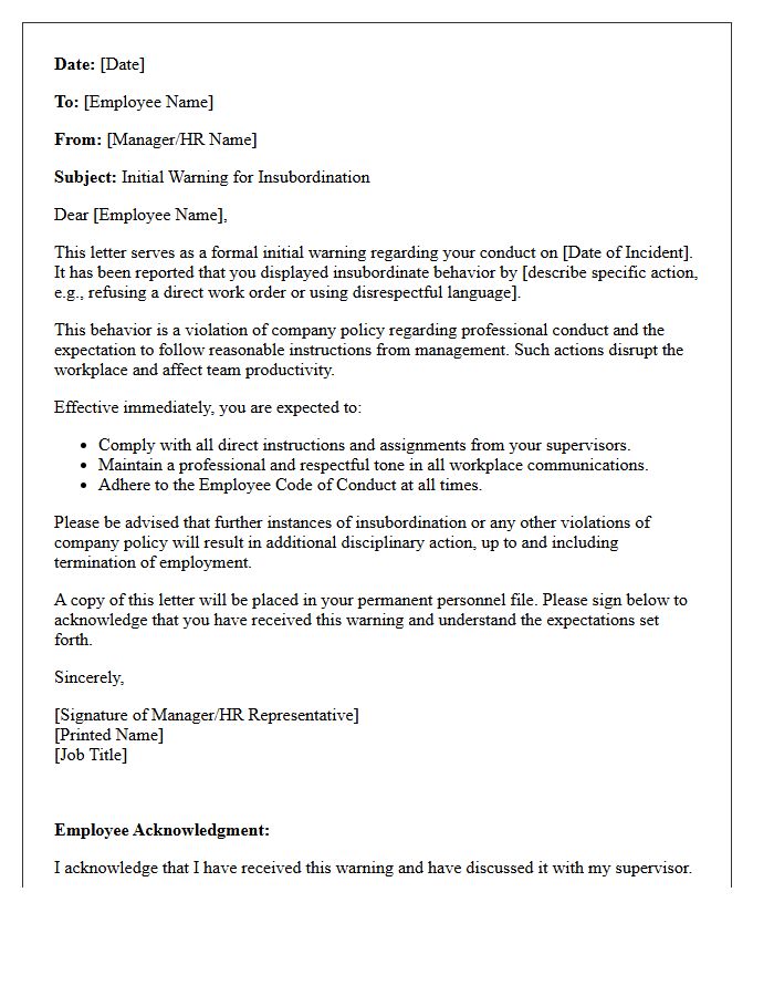Human Resources Letter for Initial Insubordination Warning