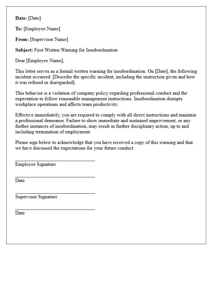 First Written Warning Letter Regarding Insubordination