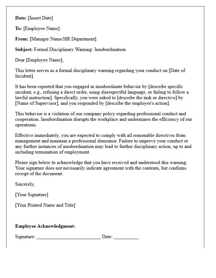 Initial Disciplinary Letter for Employee Insubordination