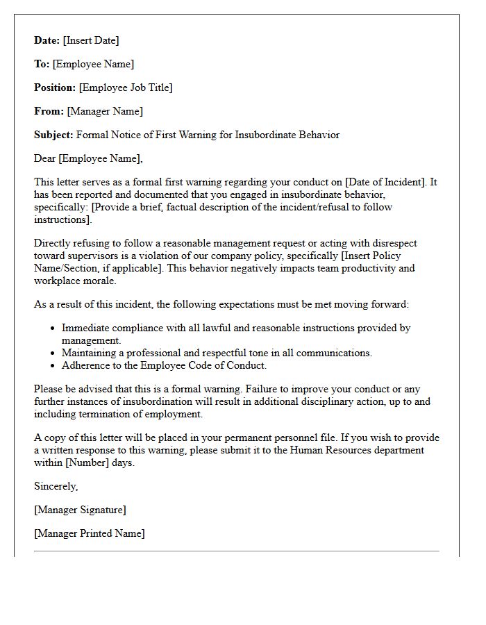 Notice Letter of First Warning for Insubordinate Behavior