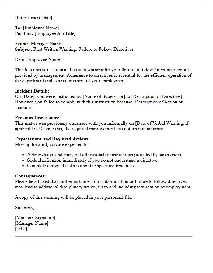 First Warning Letter for Failure to Follow Directives
