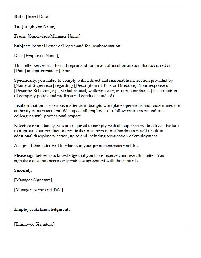 First Reprimand Letter for Workplace Insubordination