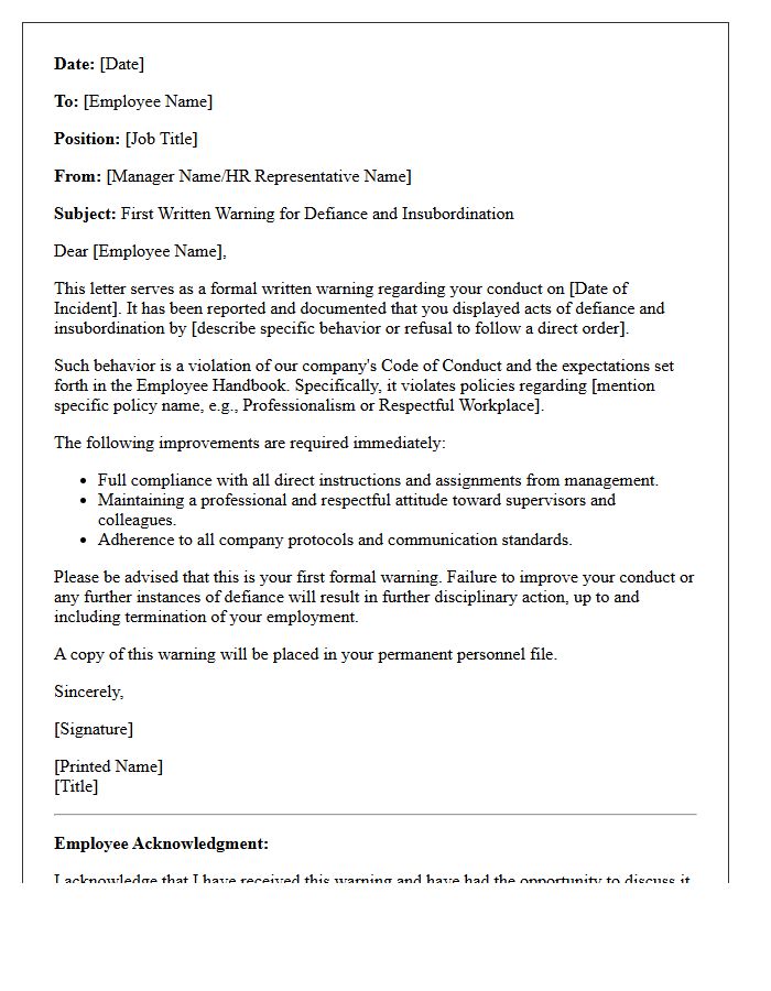 Human Resources First Warning Letter for Defiance