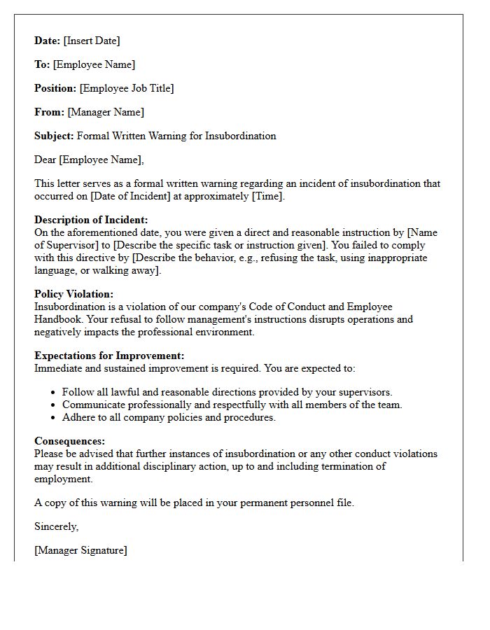 Standard Letter for Initial Insubordination Violation