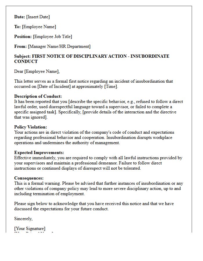 First Notice Letter for Insubordinate Conduct