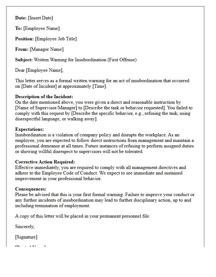 Disciplinary Action Letter for First Insubordination Offense