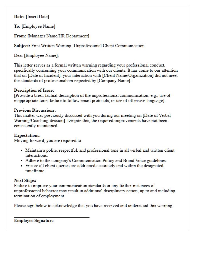 First Written Warning Letter for Unprofessional Client Communication