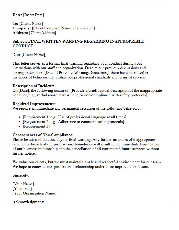 Final Written Warning Letter for Inappropriate Client Conduct