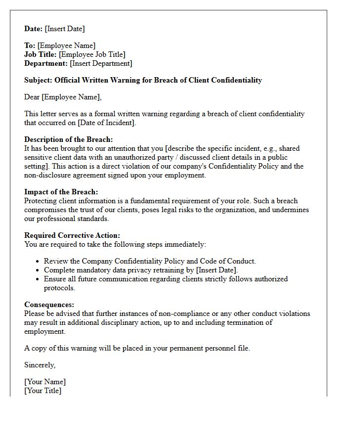 Official Written Warning Letter for Breach of Client Confidentiality