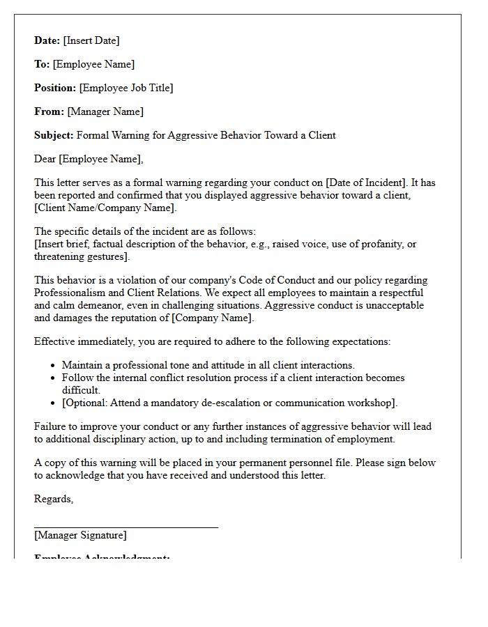 Formal Warning Letter for Aggressive Behavior Toward a Client