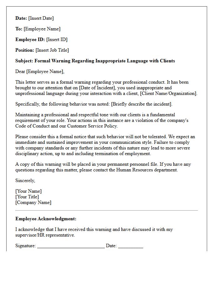 Human Resources Warning Letter for Using Inappropriate Language With Clients