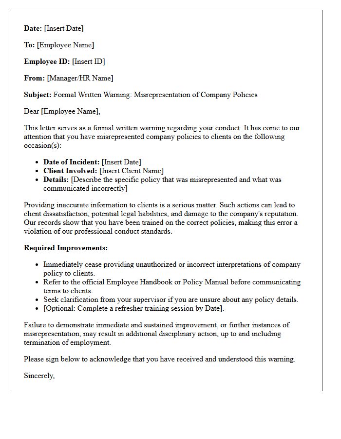Written Warning Letter for Misrepresenting Company Policies to Clients