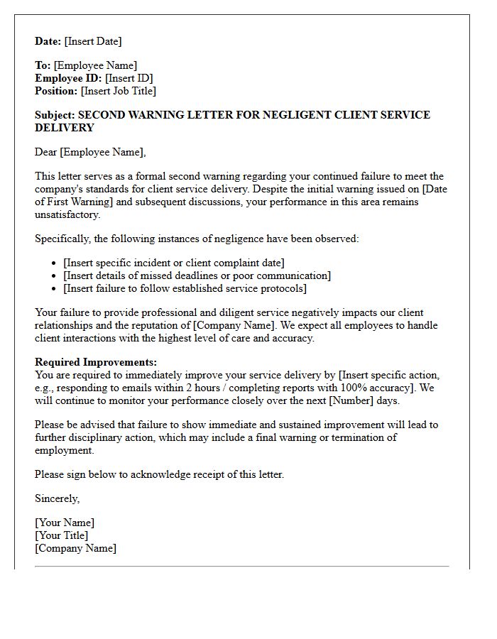 Second Warning Letter for Negligent Client Service Delivery