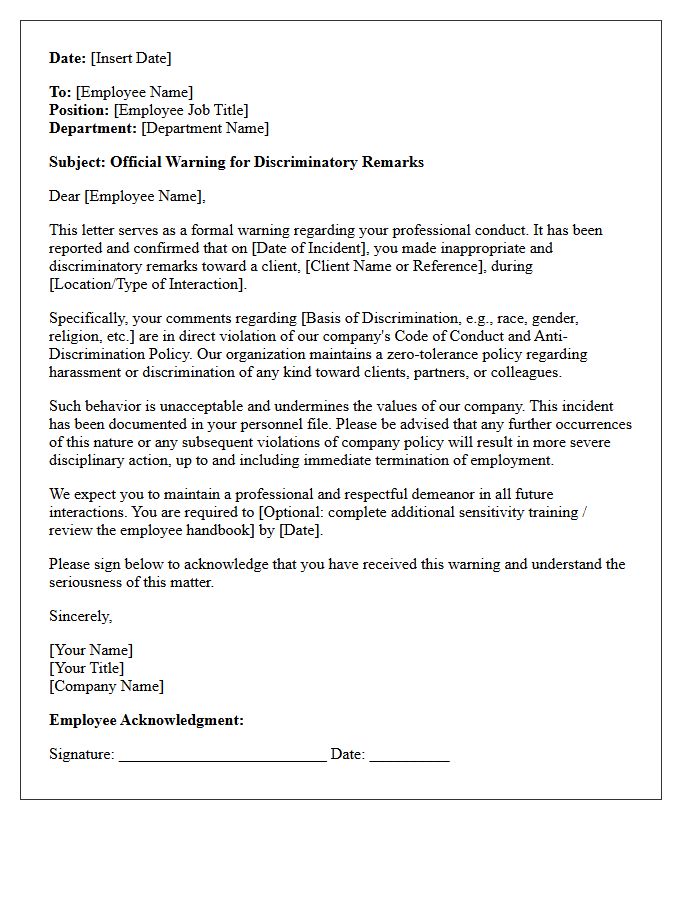 Official Warning Letter for Discriminatory Remarks Toward a Client