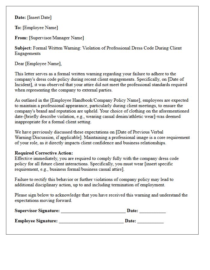 Written Warning Letter for Unprofessional Attire During Client Engagements