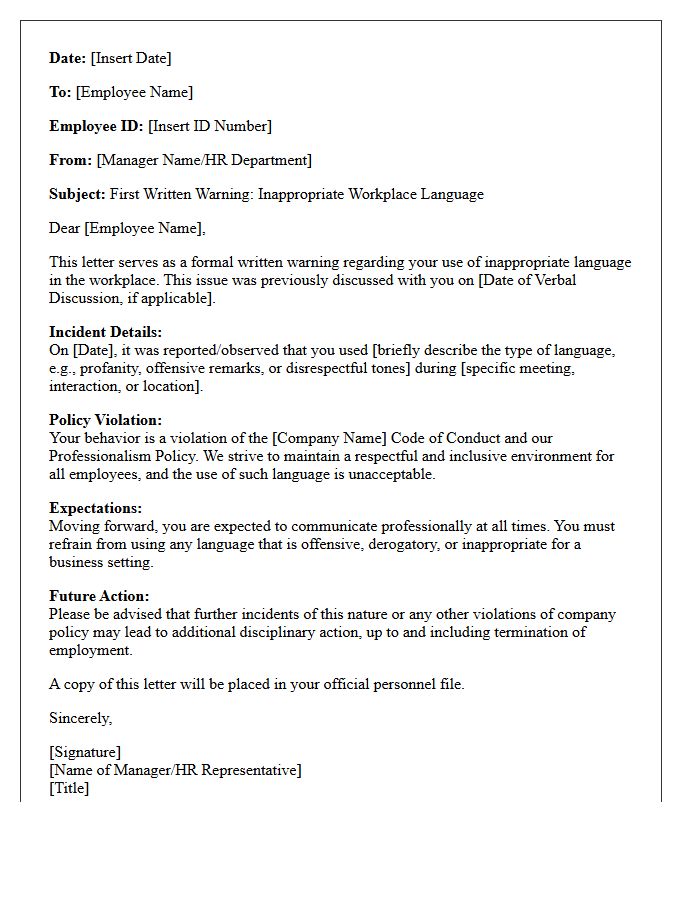 First Warning Letter for Inappropriate Workplace Language