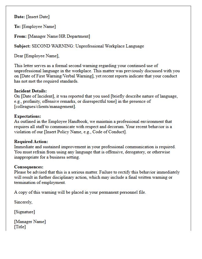 Second Warning Letter for Unprofessional Workplace Language