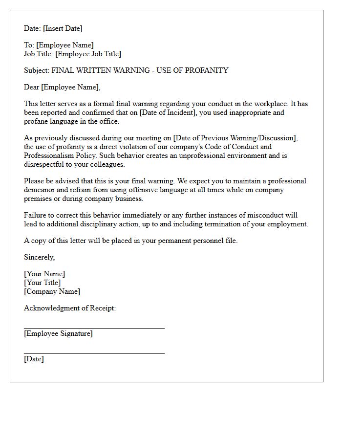 Final Warning Letter for Use of Profanity in the Office