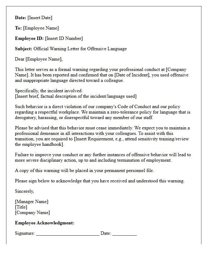 Official Warning Letter for Offensive Language Toward a Colleague