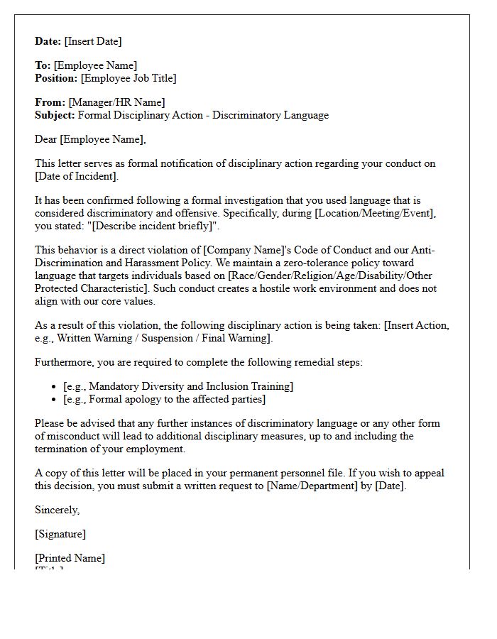 Formal Disciplinary Letter for Discriminatory Language at Work