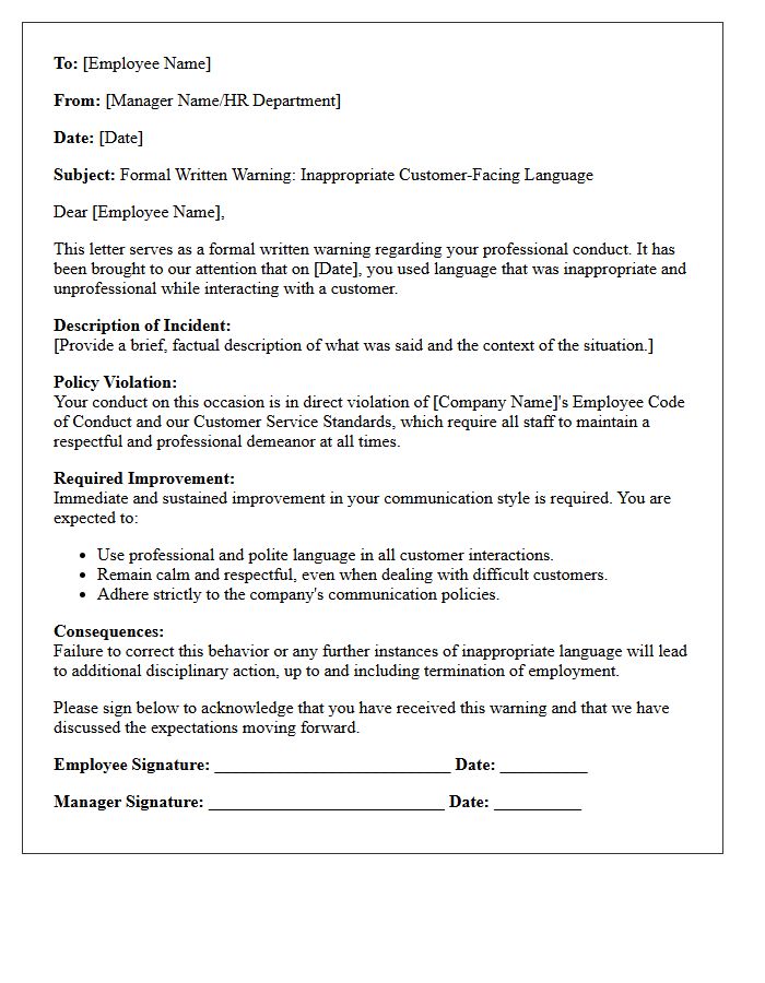 Written Warning Letter for Inappropriate Customer-Facing Language