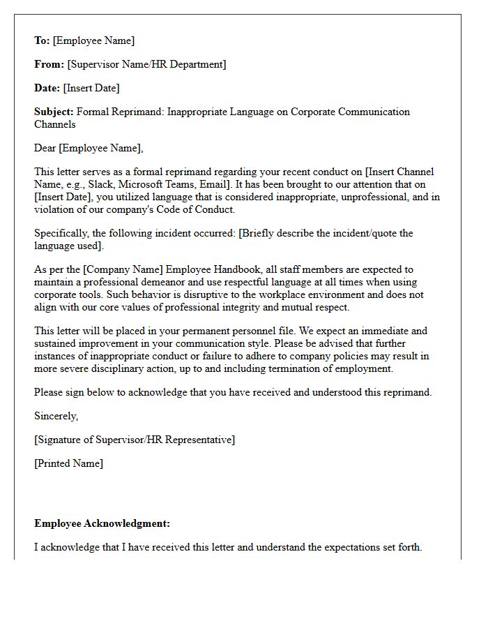 Reprimand Letter for Inappropriate Language on Corporate Communication Channels