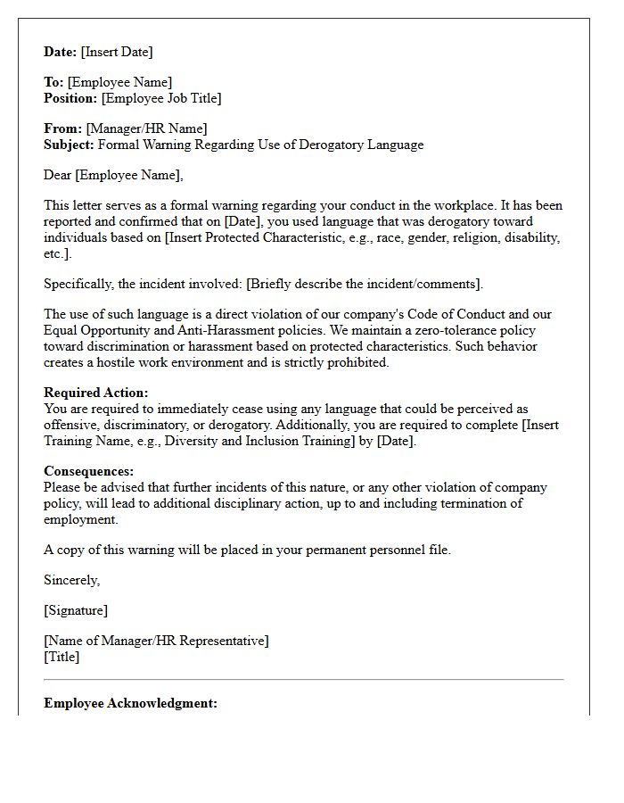 Warning Letter for Derogatory Language Regarding Protected Characteristics