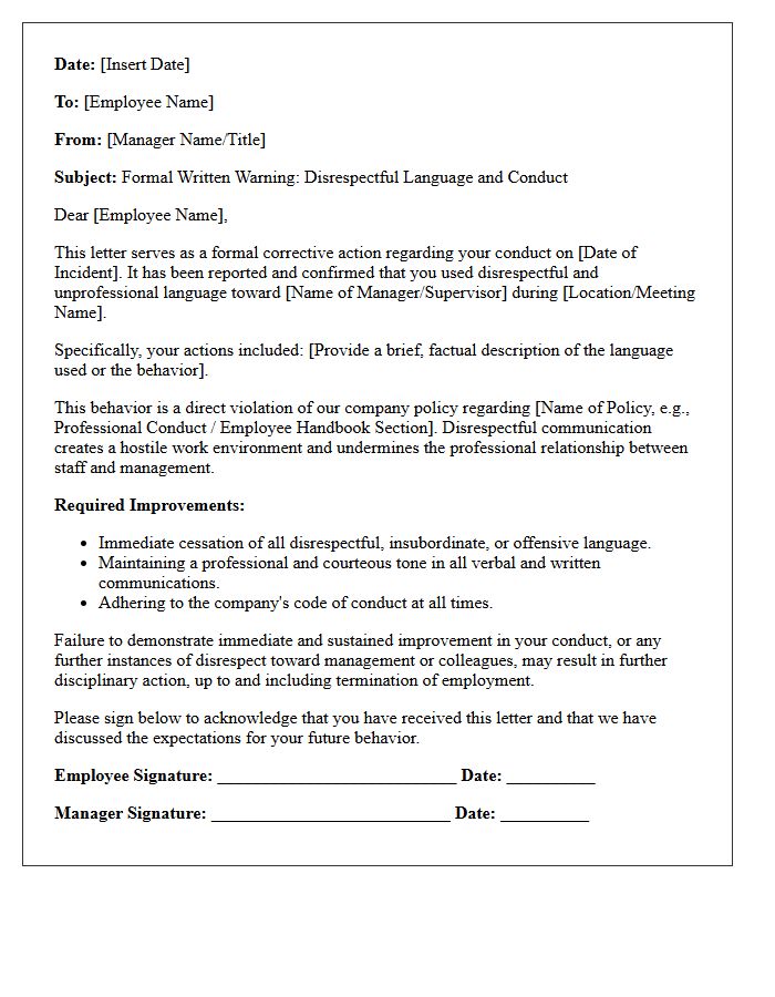 Corrective Action Letter for Disrespectful Language Toward Management