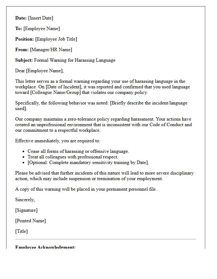 Warning Letter for Harassing Language in the Workplace