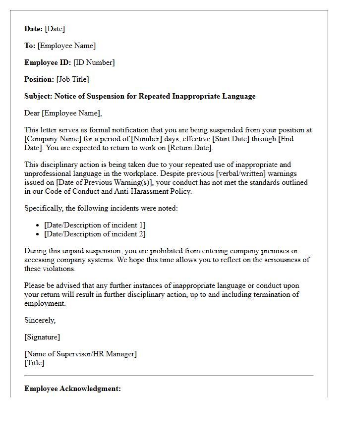 Notice Letter of Suspension for Repeated Inappropriate Language