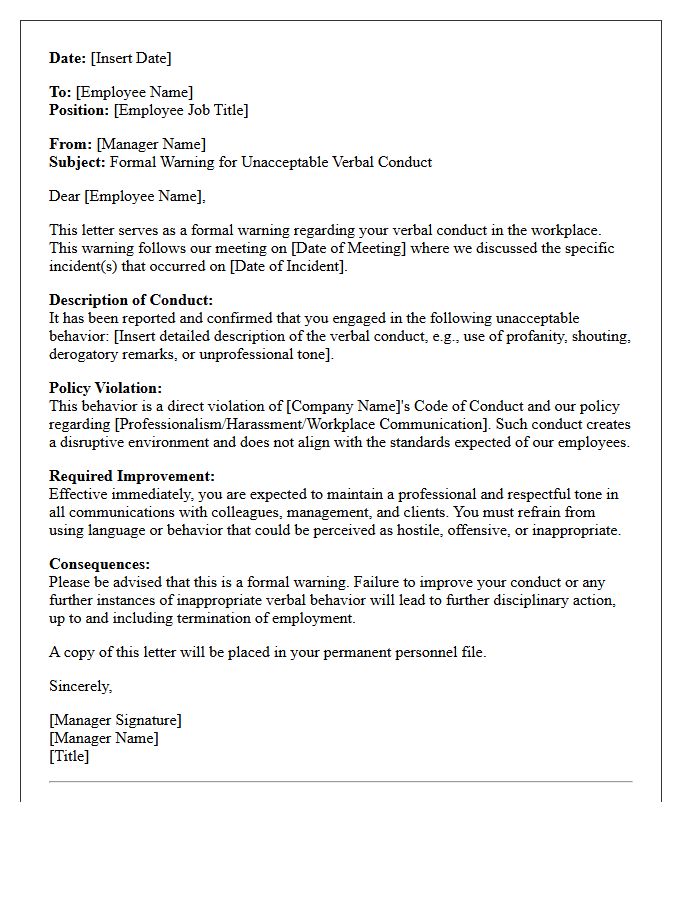 Formal Warning Letter for Unacceptable Verbal Conduct