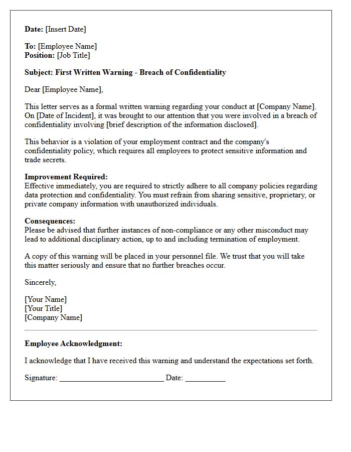 First Written Warning Letter for Breach of Confidentiality
