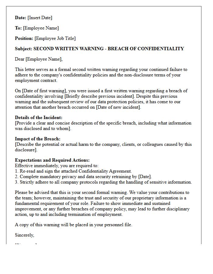 Second Written Warning Letter for Breach of Confidentiality