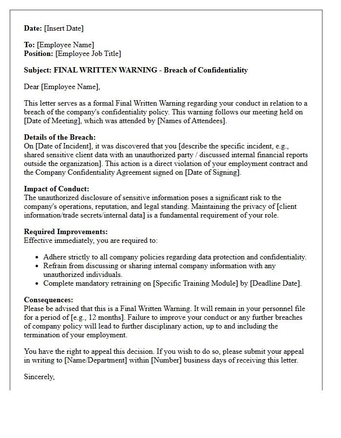 Final Written Warning Letter for Breach of Confidentiality