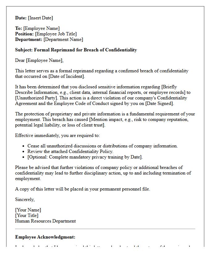 Human Resources Reprimand Letter for Breach of Confidentiality