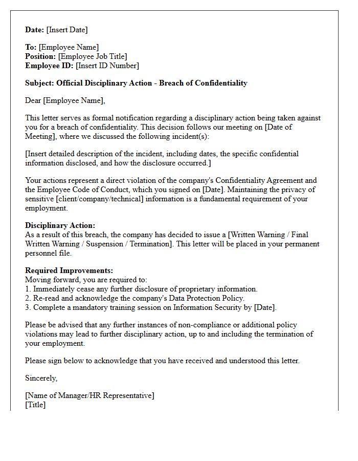 Official Disciplinary Letter for Breach of Confidentiality