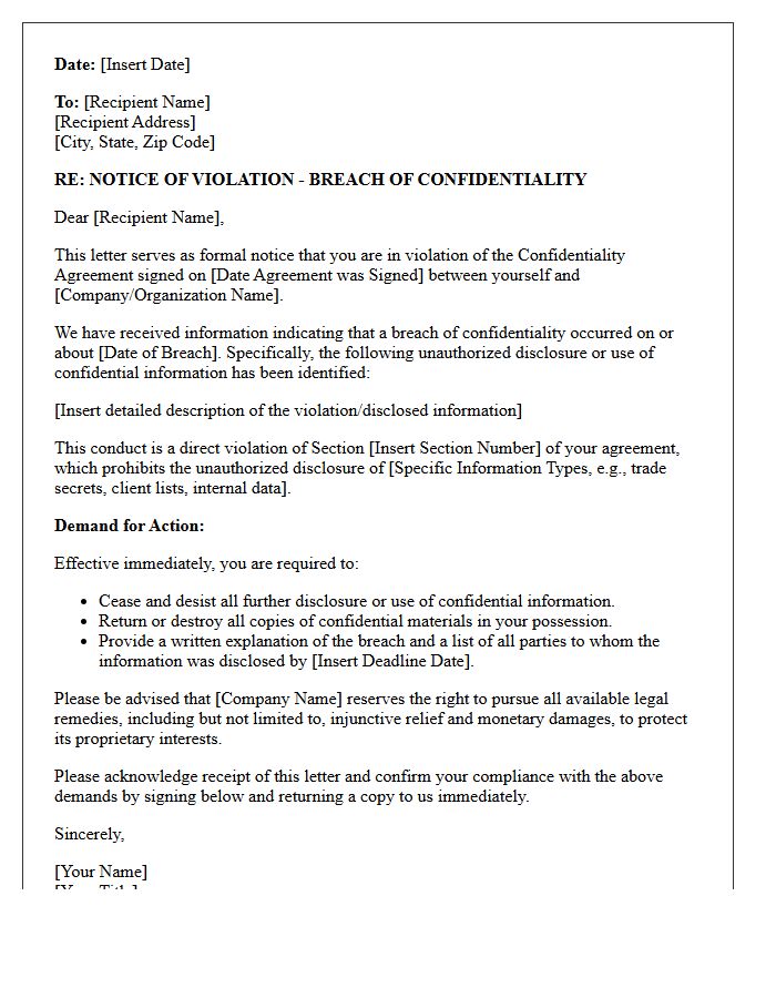 Notice of Violation Letter for Breach of Confidentiality