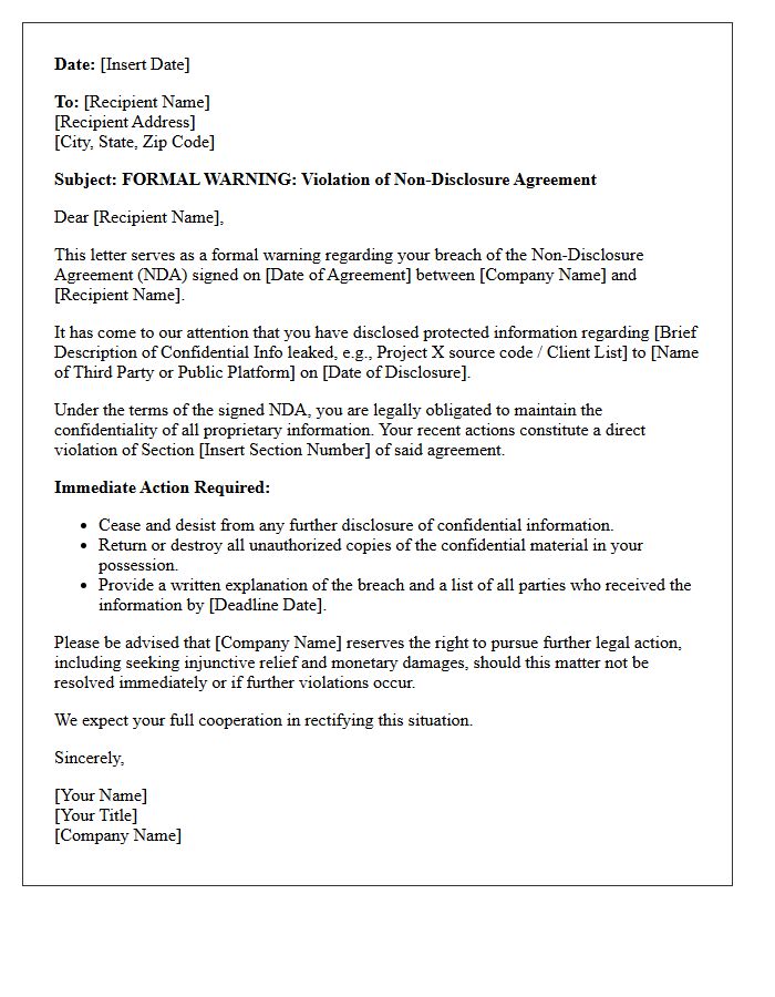Non-Disclosure Agreement Violation Warning Letter