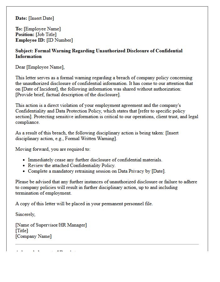 Unauthorized Disclosure Formal Warning Letter