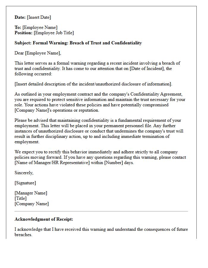 Breach of Trust and Confidentiality Warning Letter