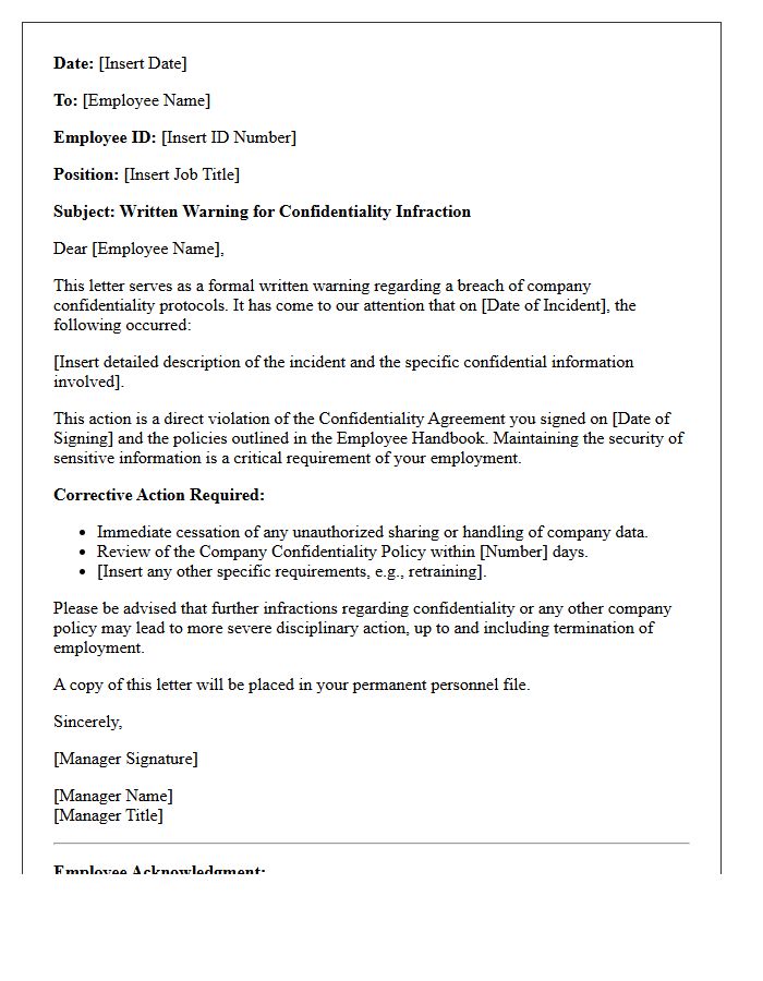 Employee Confidentiality Infraction Warning Letter