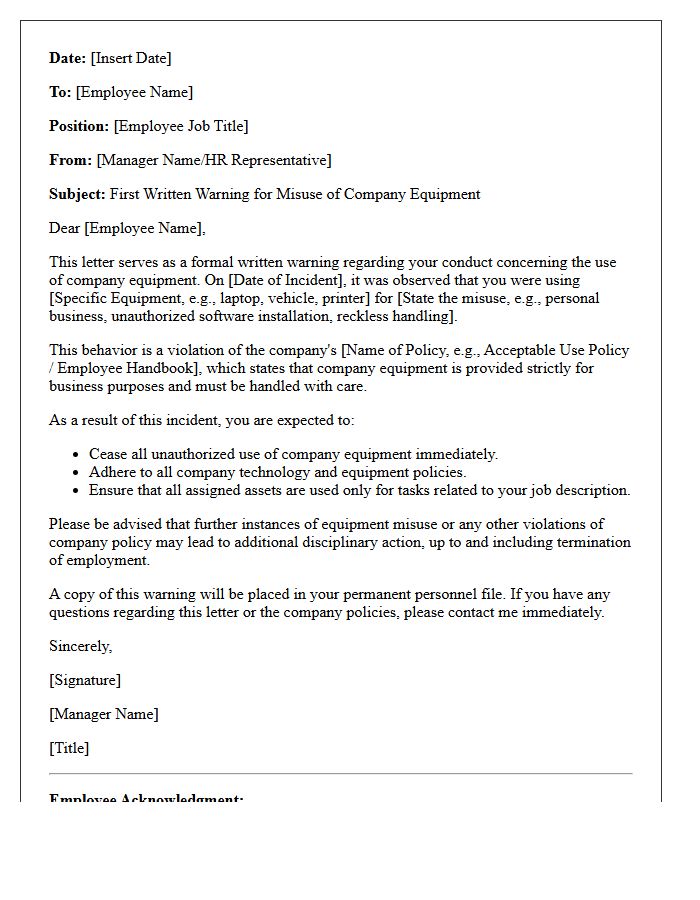 First Written Warning Letter for Misuse of Company Equipment