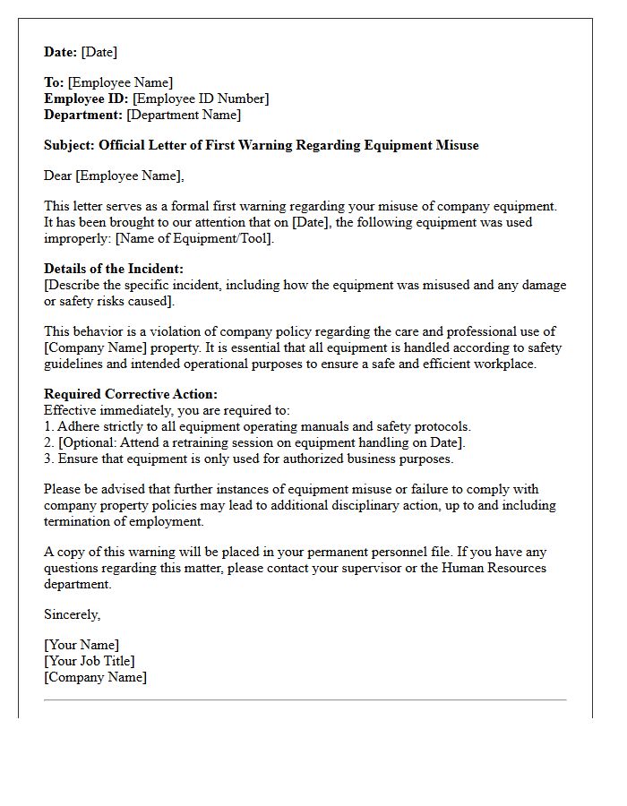 Official Letter of First Warning Regarding Equipment Misuse