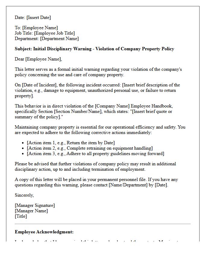 Initial Disciplinary Letter for Company Property Policy Violation