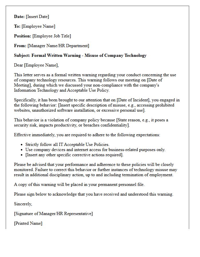 Formal Written Warning Letter for Misuse of Company Technology