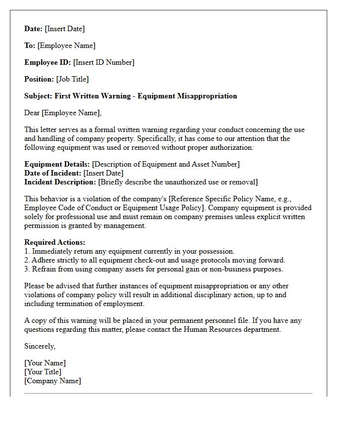 Human Resources Letter of First Warning for Equipment Misappropriation