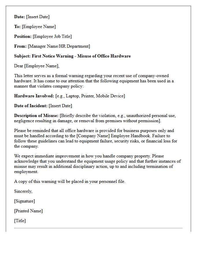 First Notice Warning Letter Concerning Misuse of Office Hardware